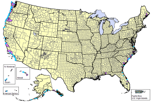 Map of the United States showing TsunamiReady communities