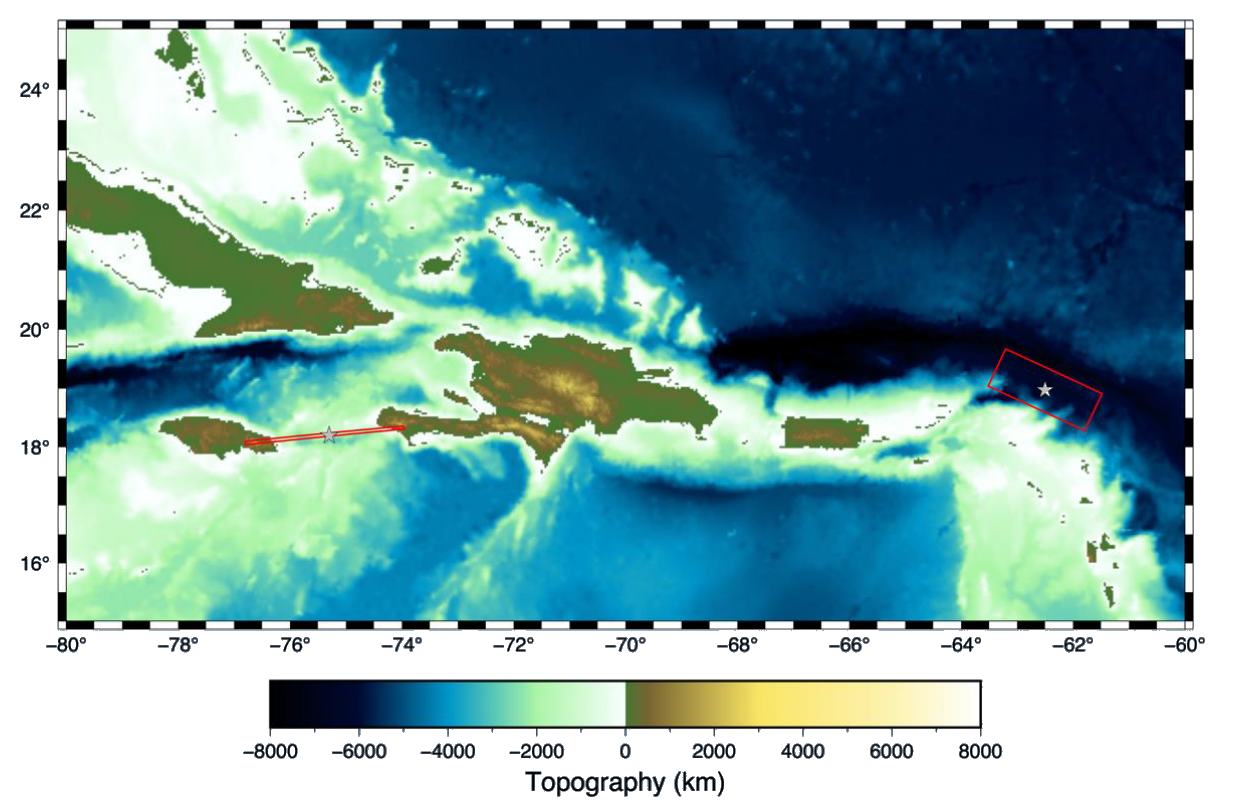 Map showing the locations of the two CARIBE WAVE 2021 scenarios